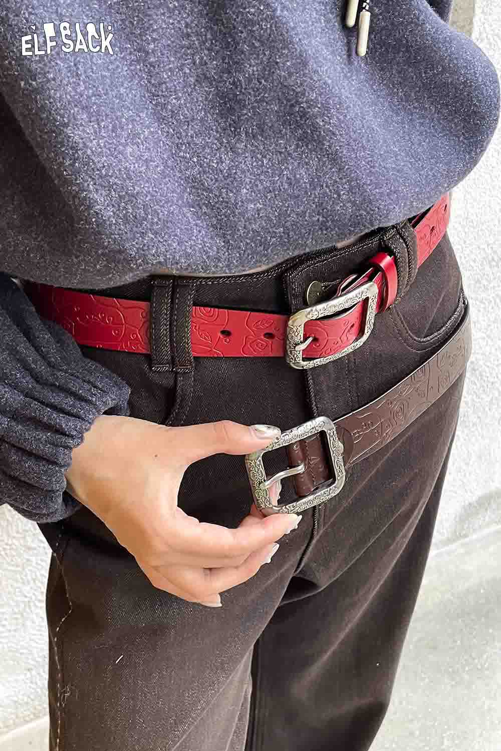 ELFSACK reversible rose pattern belt in red and black with a stylish buckle for versatile outfits
