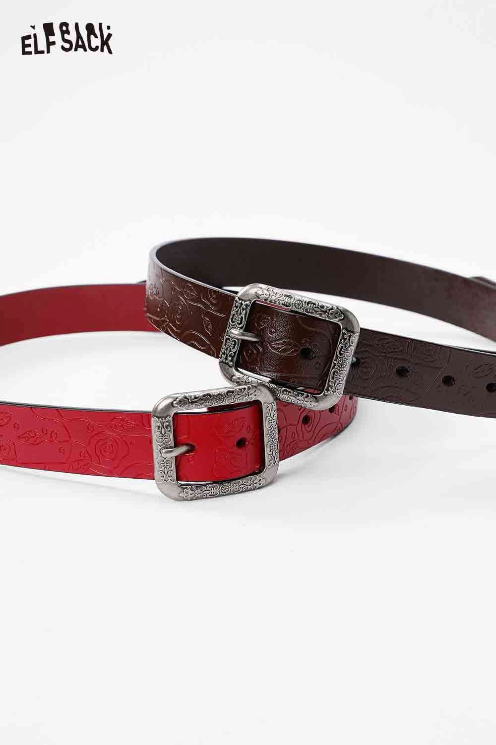 ELFSACK reversible rose pattern belt in red and brown with decorative metal buckles