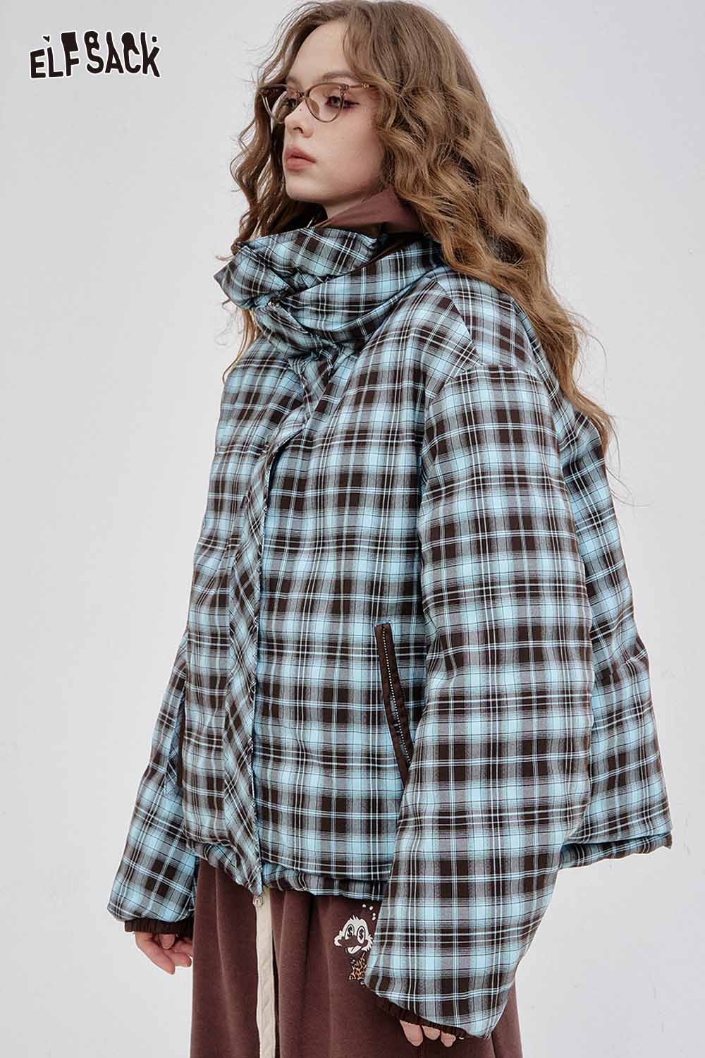 ELFSACK reversible Y2K down jacket women in blue and brown plaid design for stylish warmth