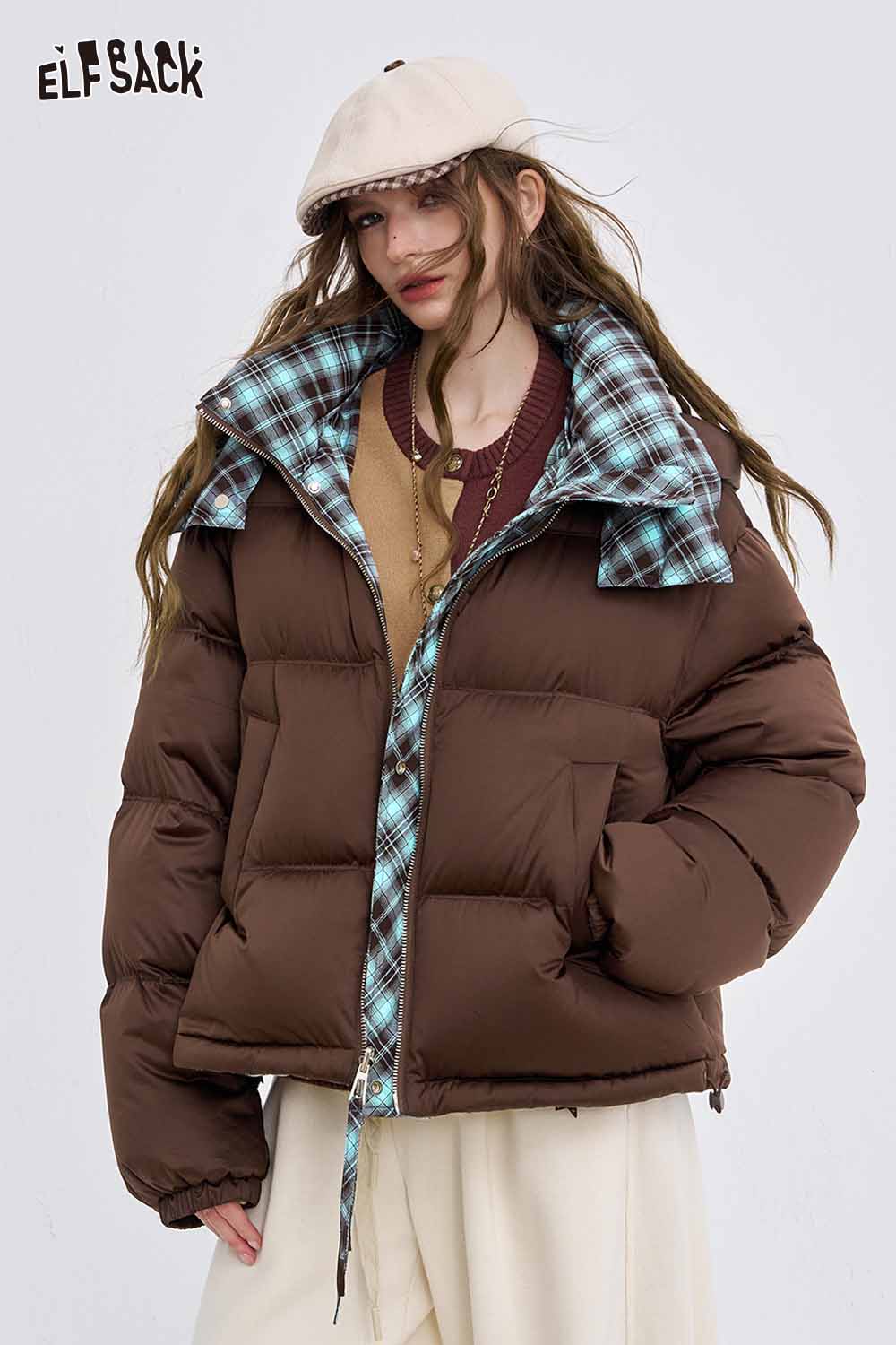 ELFSACK reversible Y2K down jacket women in brown with a plaid interior for stylish warmth