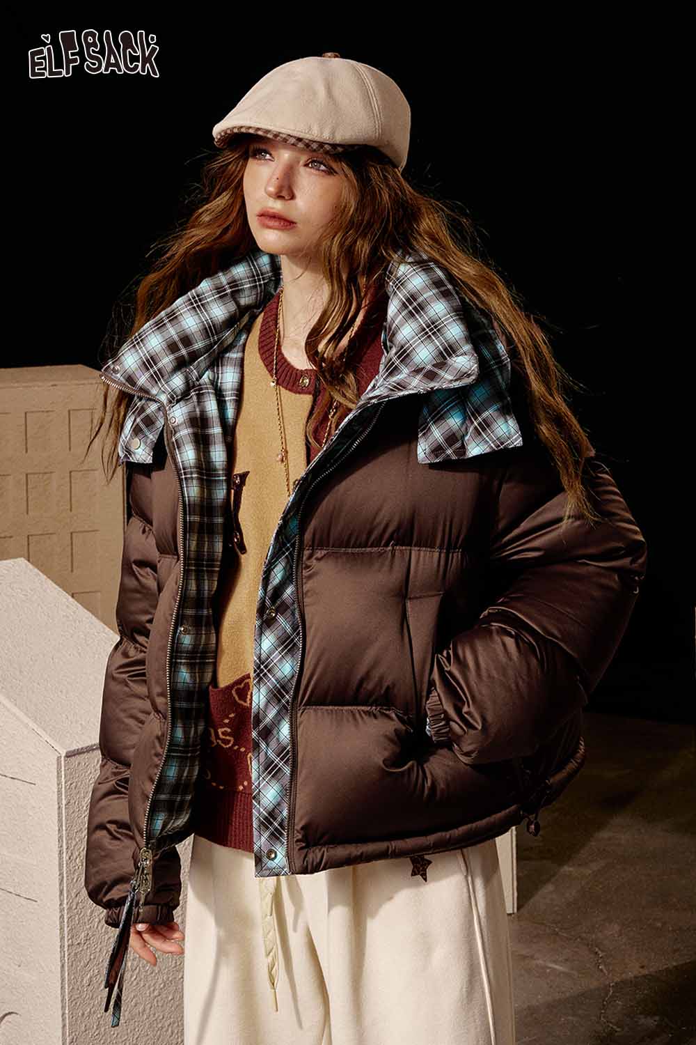 ELFSACK reversible Y2K down jacket women featuring a brown exterior and a plaid inner lining
