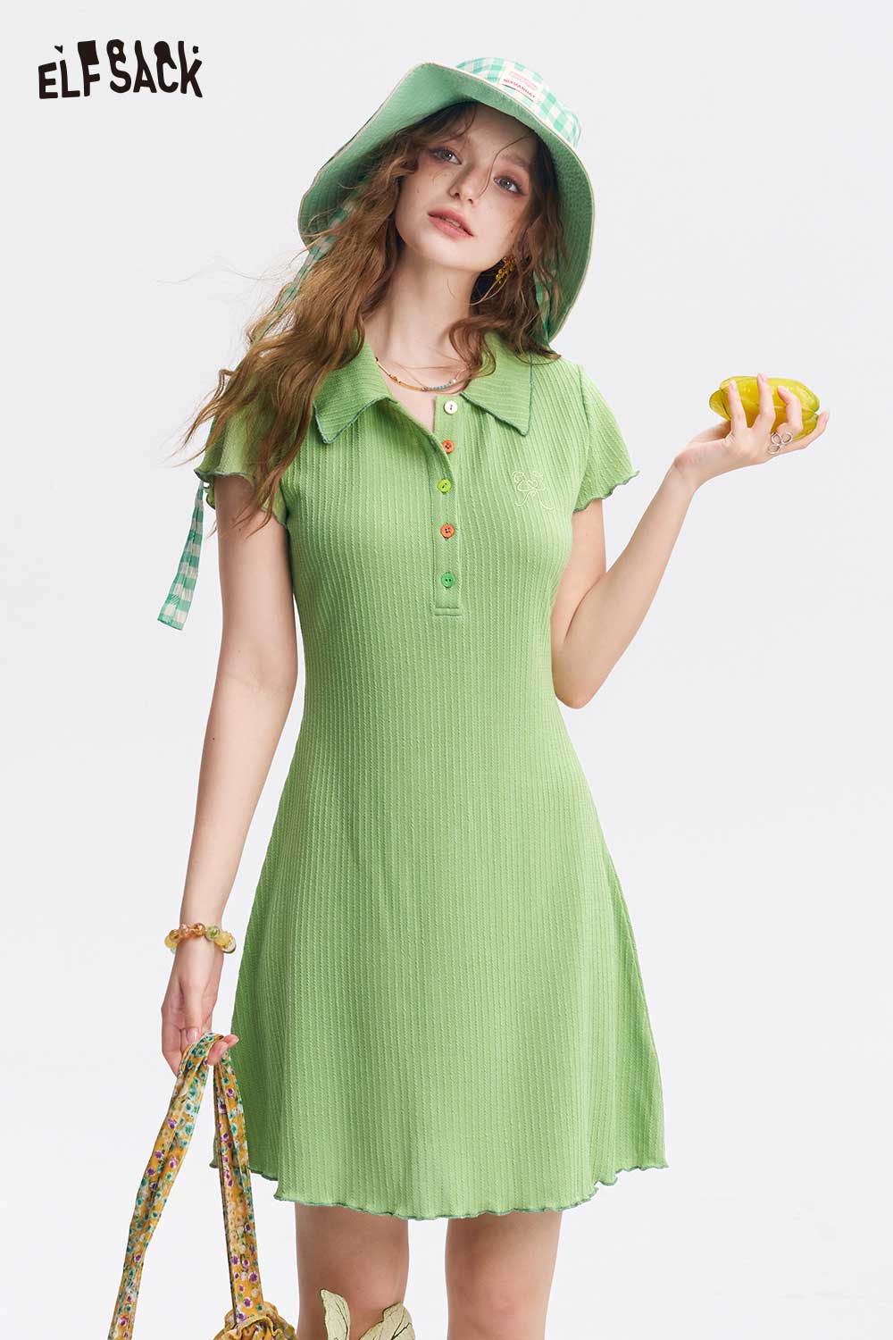 ELFSACK Ribbed Knit Polo Midi Dress