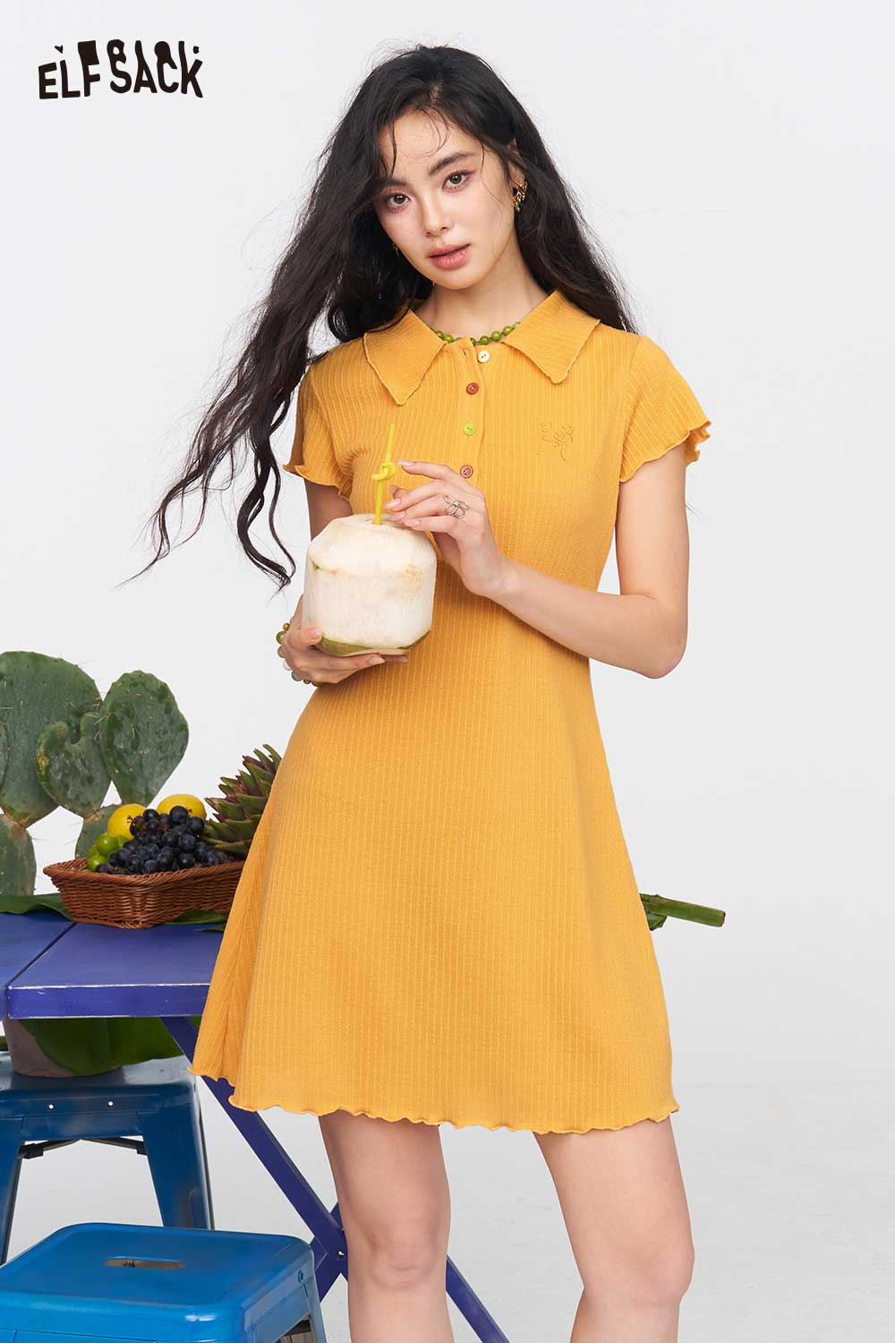 ELFSACK Ribbed Knit Polo Midi Dress