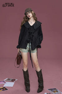 Ruffle Trim Silver Glitter Lace Long Sleeve Shirt