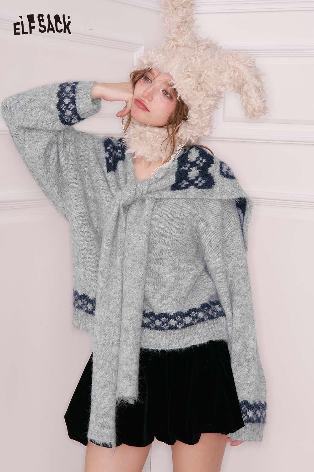 ELFSACK sailor collar bow sweater in gray with floral accents, featuring a playful design and cozy fit