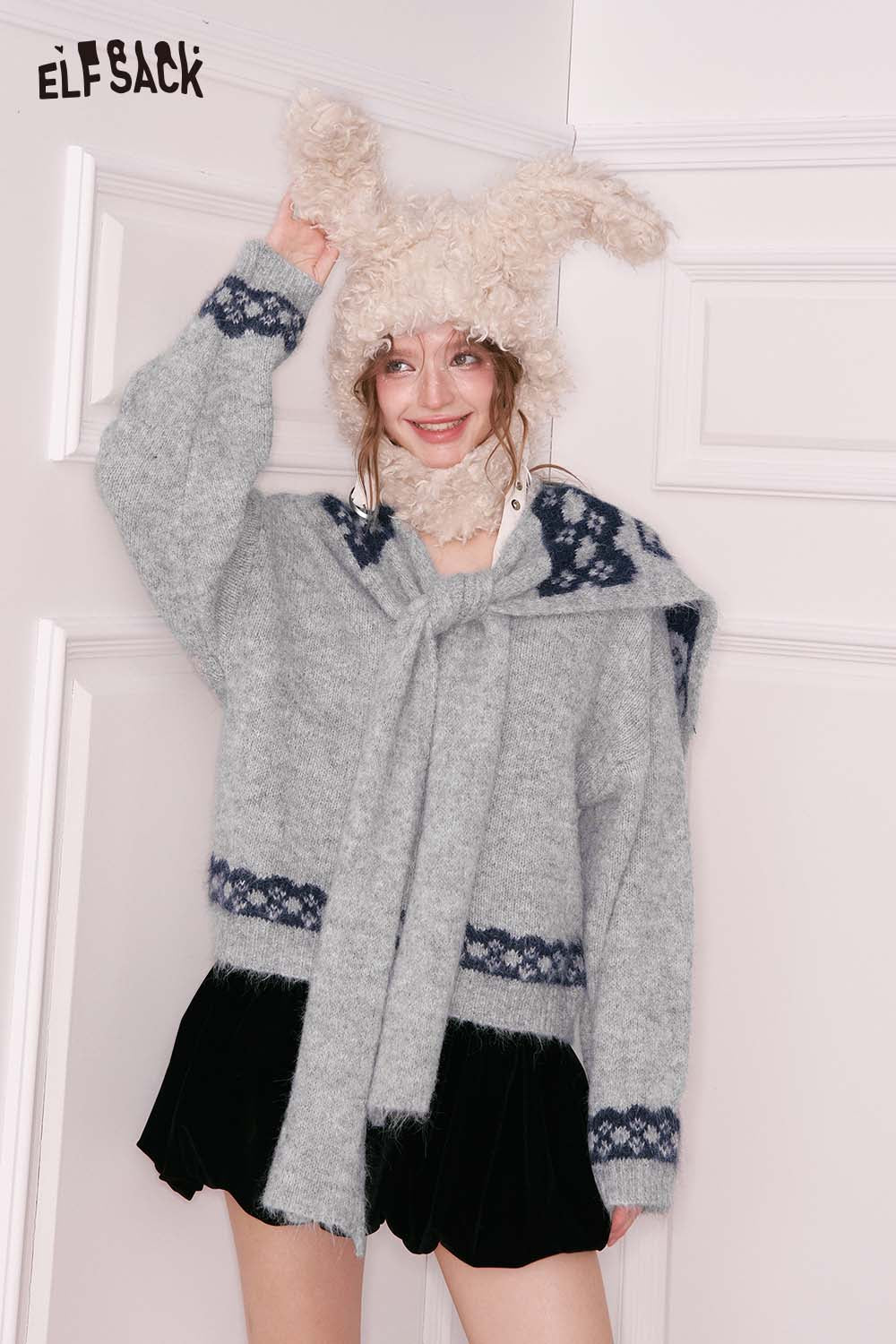 ELFSACK sailor collar bow sweater in gray with a cozy design and soft fabric for stylish winter wear