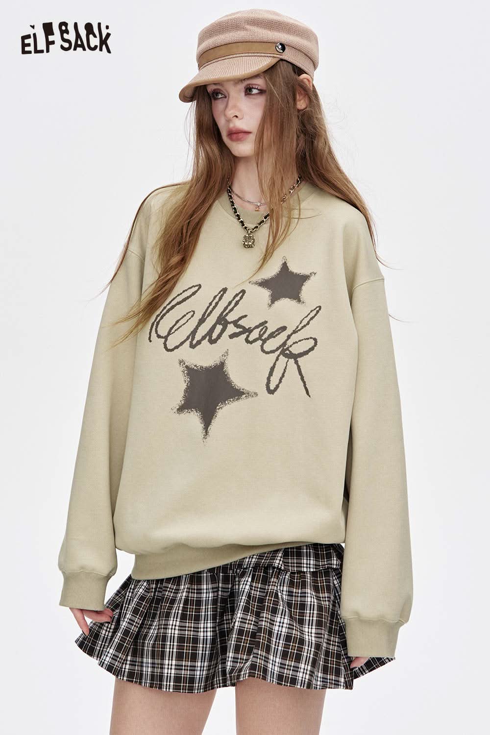 ELFSACK oversized graphic star sweatshirt in beige with artistic star designs for a trendy look
