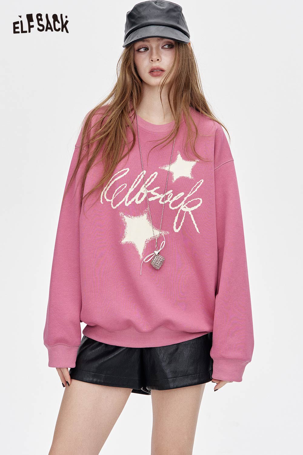 ELFSACK oversized graphic star sweatshirt in pink with stylish star design for casual wear