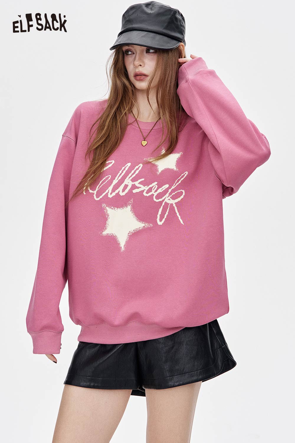 ELFSACK oversized graphic star sweatshirt in pink with star designs for a relaxed look