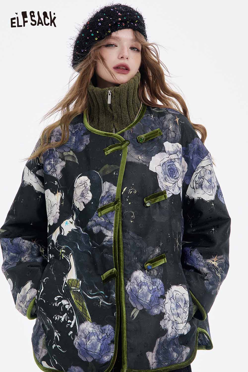 ELFSACK retro floral graphic coat with vibrant floral prints and stylish green accents