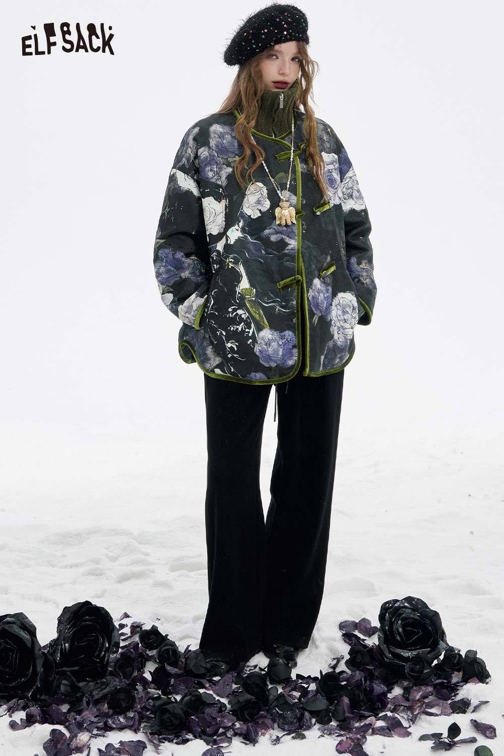 ELFSACK retro floral graphic coat featuring a stylish design and vibrant colors for a fashionable winter look