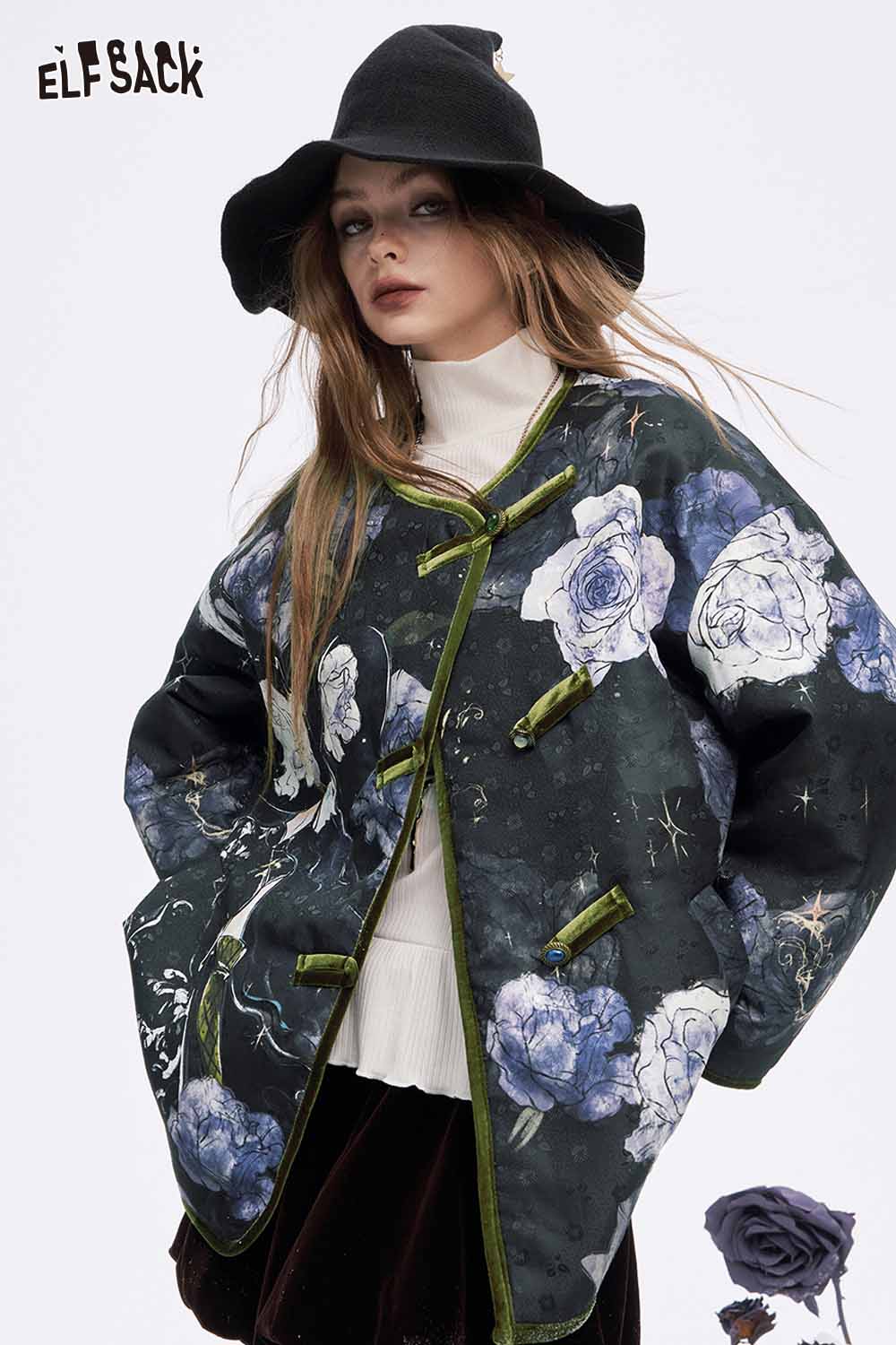 ELFSACK retro floral graphic coat featuring vibrant flower designs and a stylish button closure