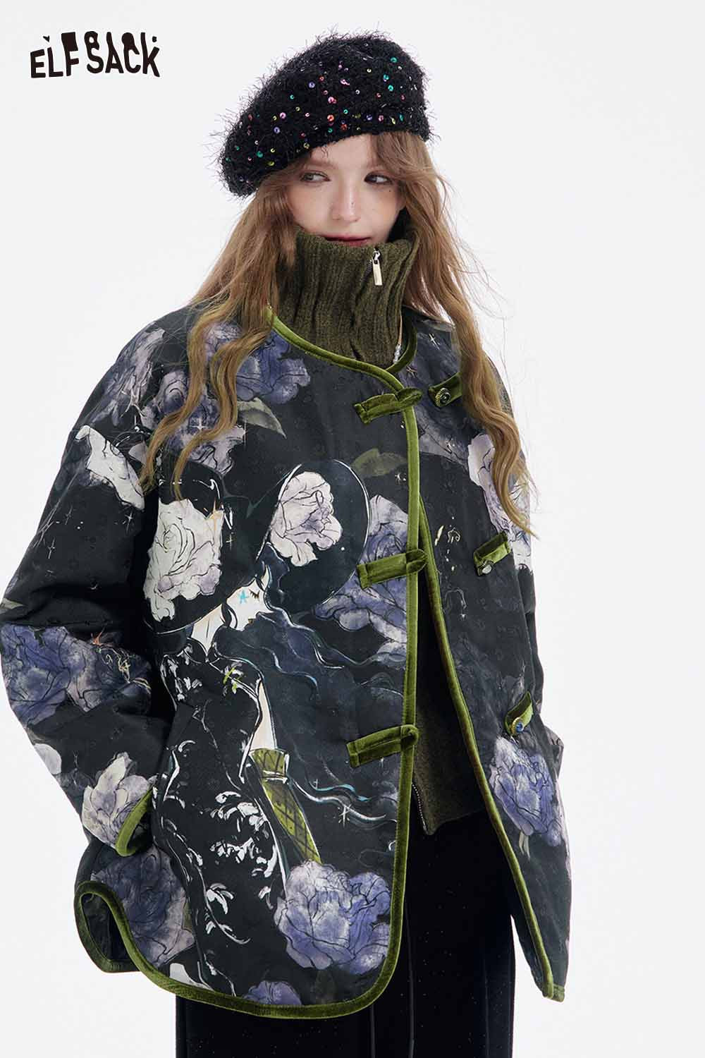 ELFSACK retro floral graphic coat with intricate floral patterns and a stylish design for a trendy look