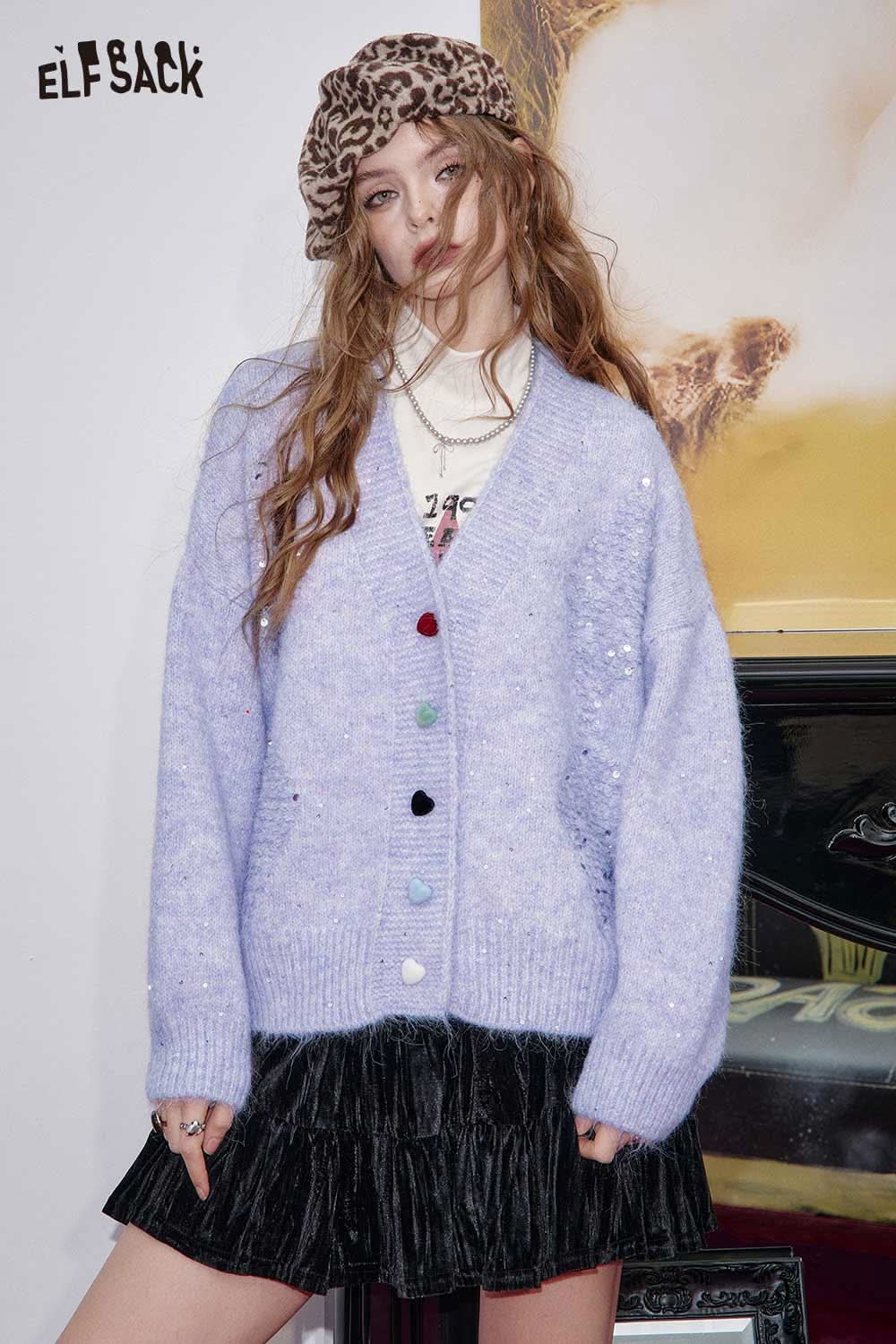 ELFSACK lavender sequin button-down cardigan with colorful buttons and oversized fit