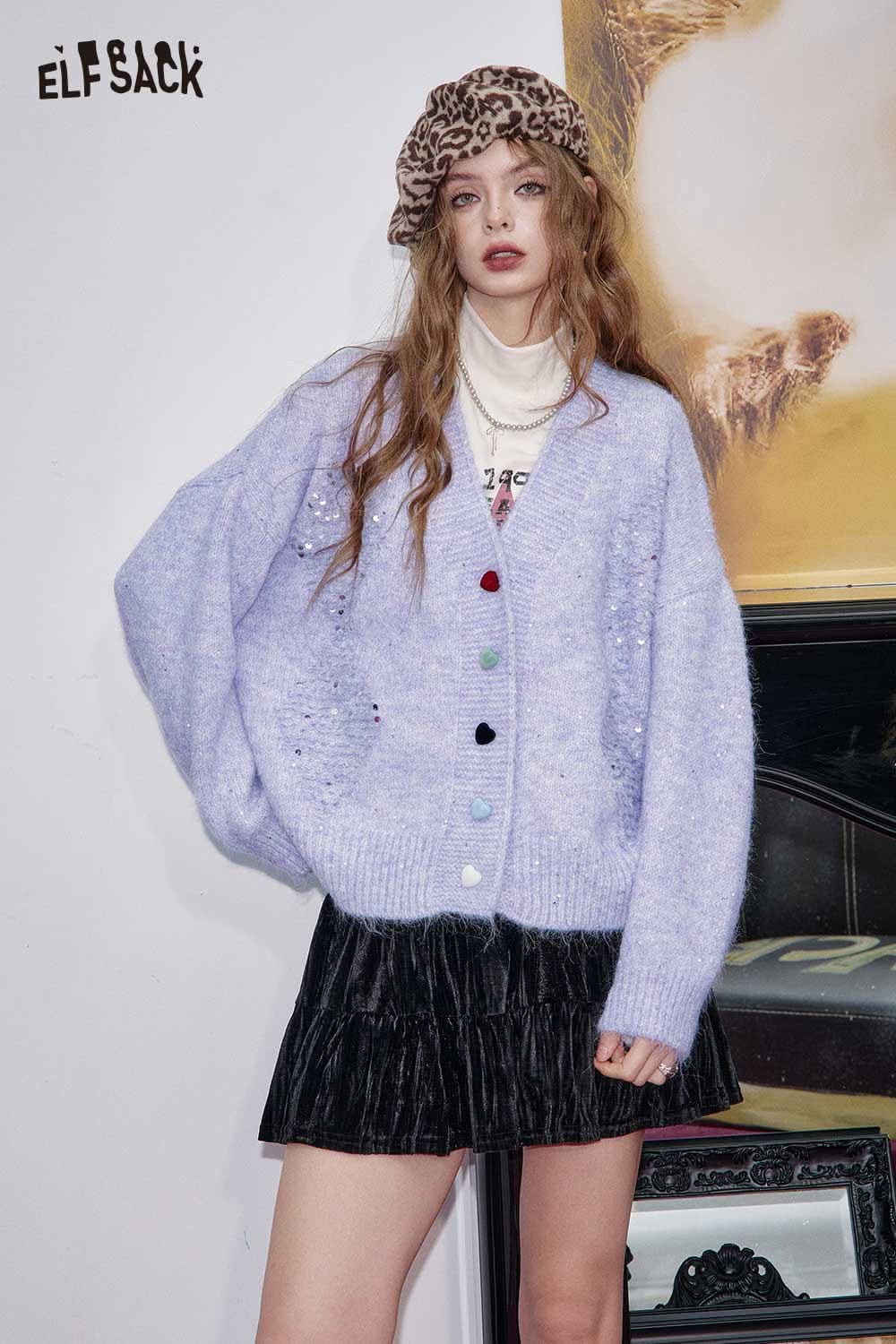 ELFSACK sequin button-down cardigan in lavender color with colorful buttons and stylish oversized fit