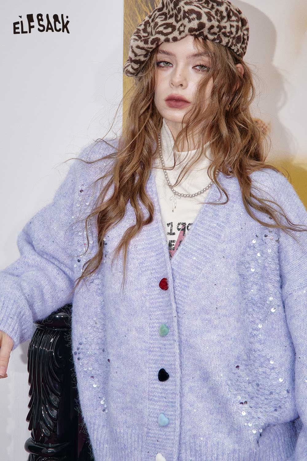 Lavender ELFSACK sequin button-down cardigan with colorful buttons and a cozy oversized fit