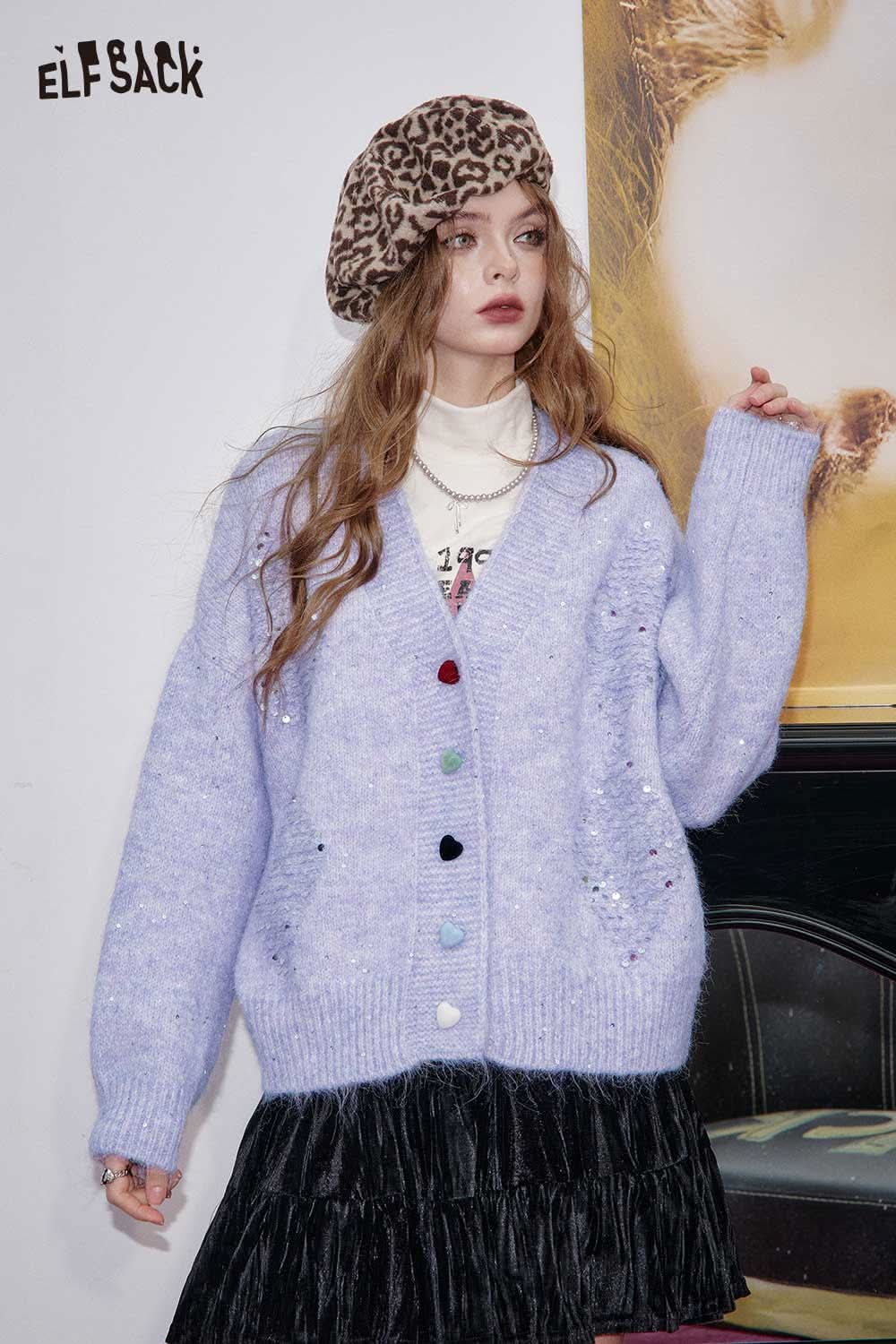 ELFSACK sequin button-down cardigan in lavender with colorful buttons and a cozy design
