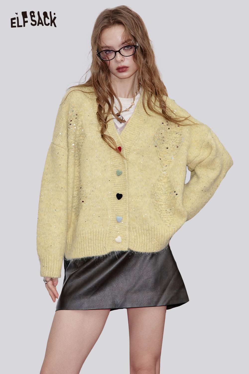 ELFSACK sequin button-down cardigan in soft yellow with colorful buttons and a cozy fit