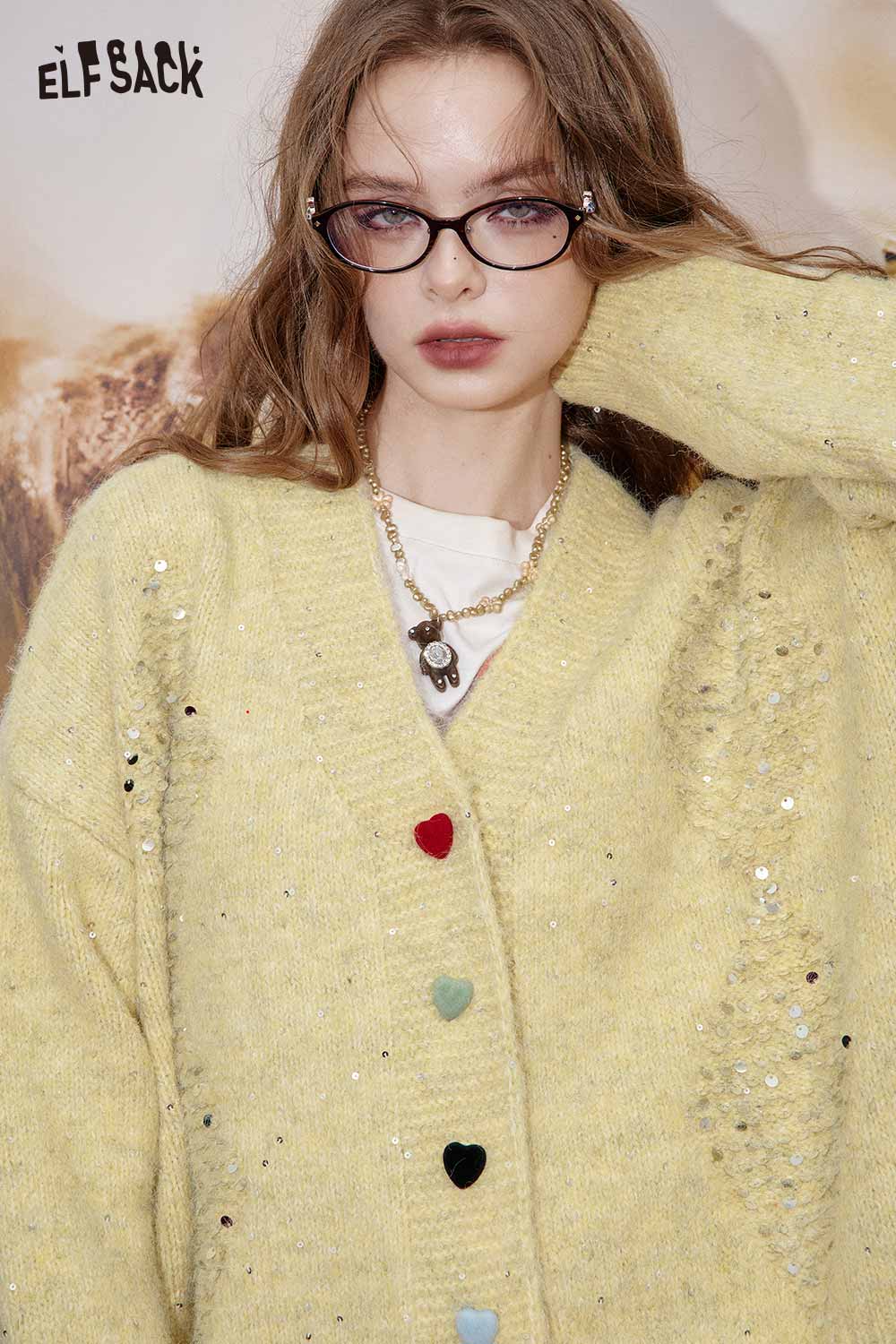 ELFSACK Yellow Sequin Button-Down Cardigan with Colorful Heart Buttons and Cozy Knit Design