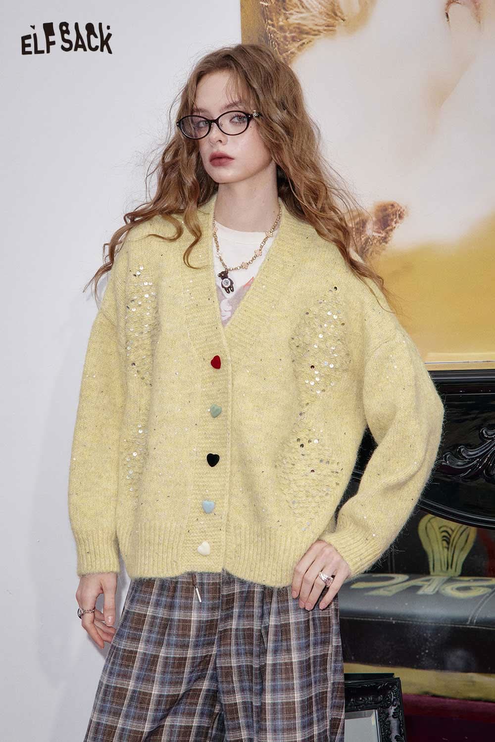 ELFSACK sequin button-down cardigan in light yellow with colorful buttons and a relaxed fit
