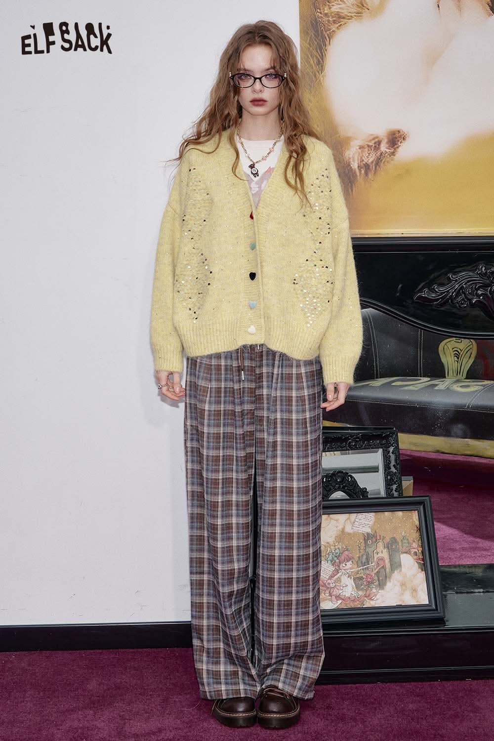 ELFSACK sequin button-down cardigan in soft yellow, styled with plaid pants for a trendy look