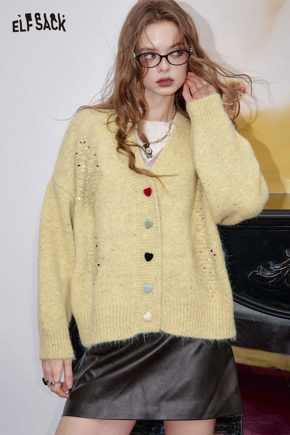 ELFSACK sequin button-down cardigan in yellow with colorful buttons and a cozy oversized fit