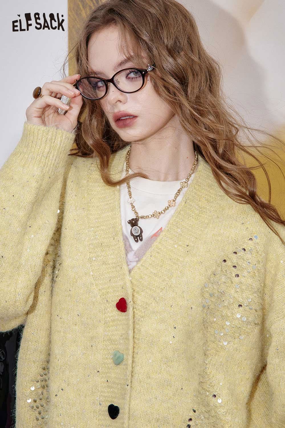 ELFSACK sequin button-down cardigan in light yellow with colorful heart buttons and stylish design