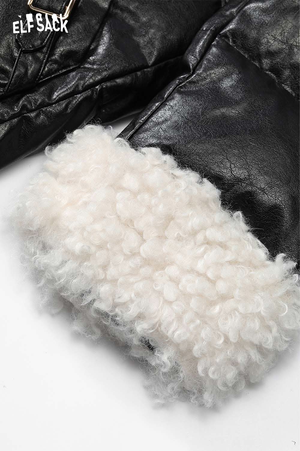 ELFSACK shearling trim puffer jacket showcasing its soft, fluffy cuffs for added warmth