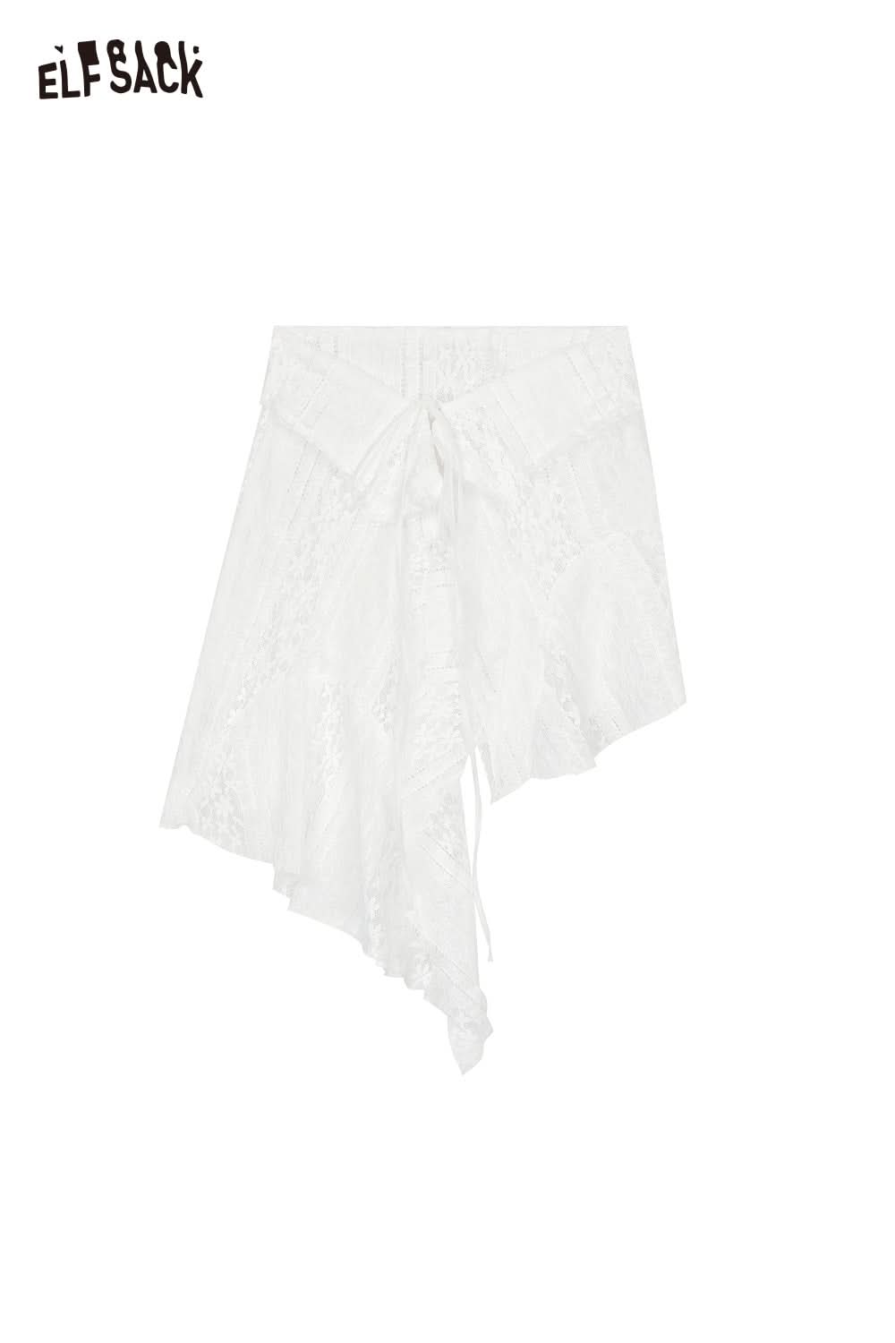 ELFSACK sheer lace overlay skirt featuring an asymmetrical hem and delicate lace details