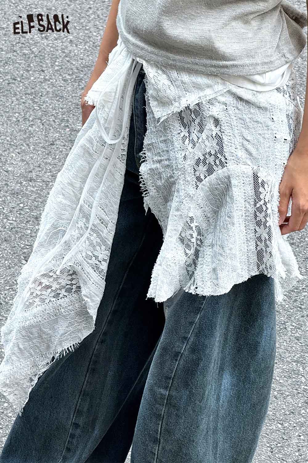 ELFSACK Sheer Lace Overlay Skirt with Unique Frayed Edges for a Fashionable Look