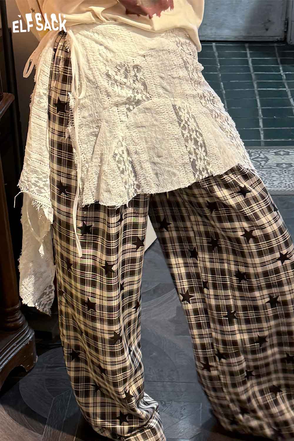 ELFSACK sheer lace overlay skirt paired with stylish plaid loose pants for a trendy look