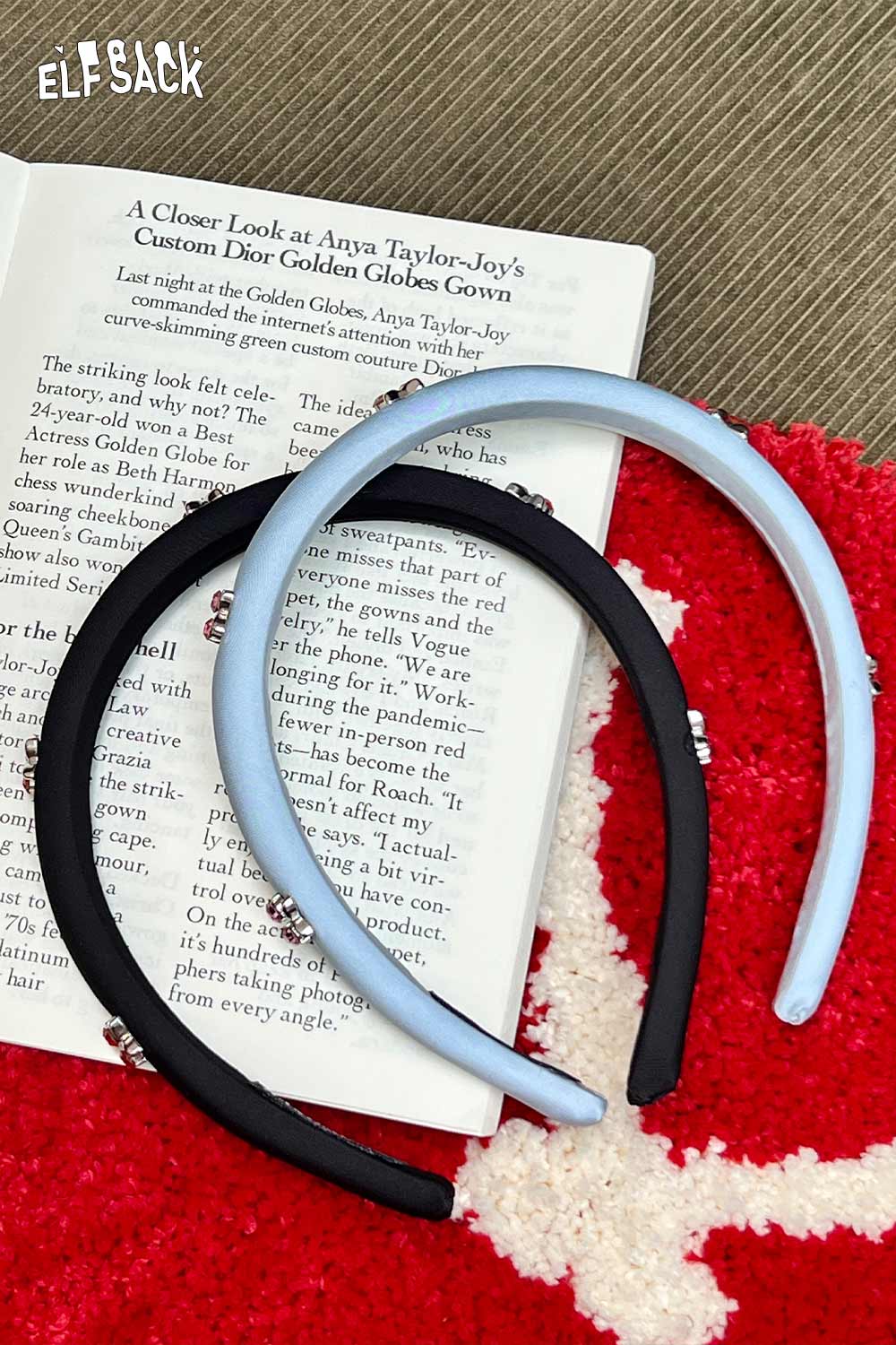 ELFSACK padded black and sky blue headbands set featuring crystal embellished cherry hair band detail on open book