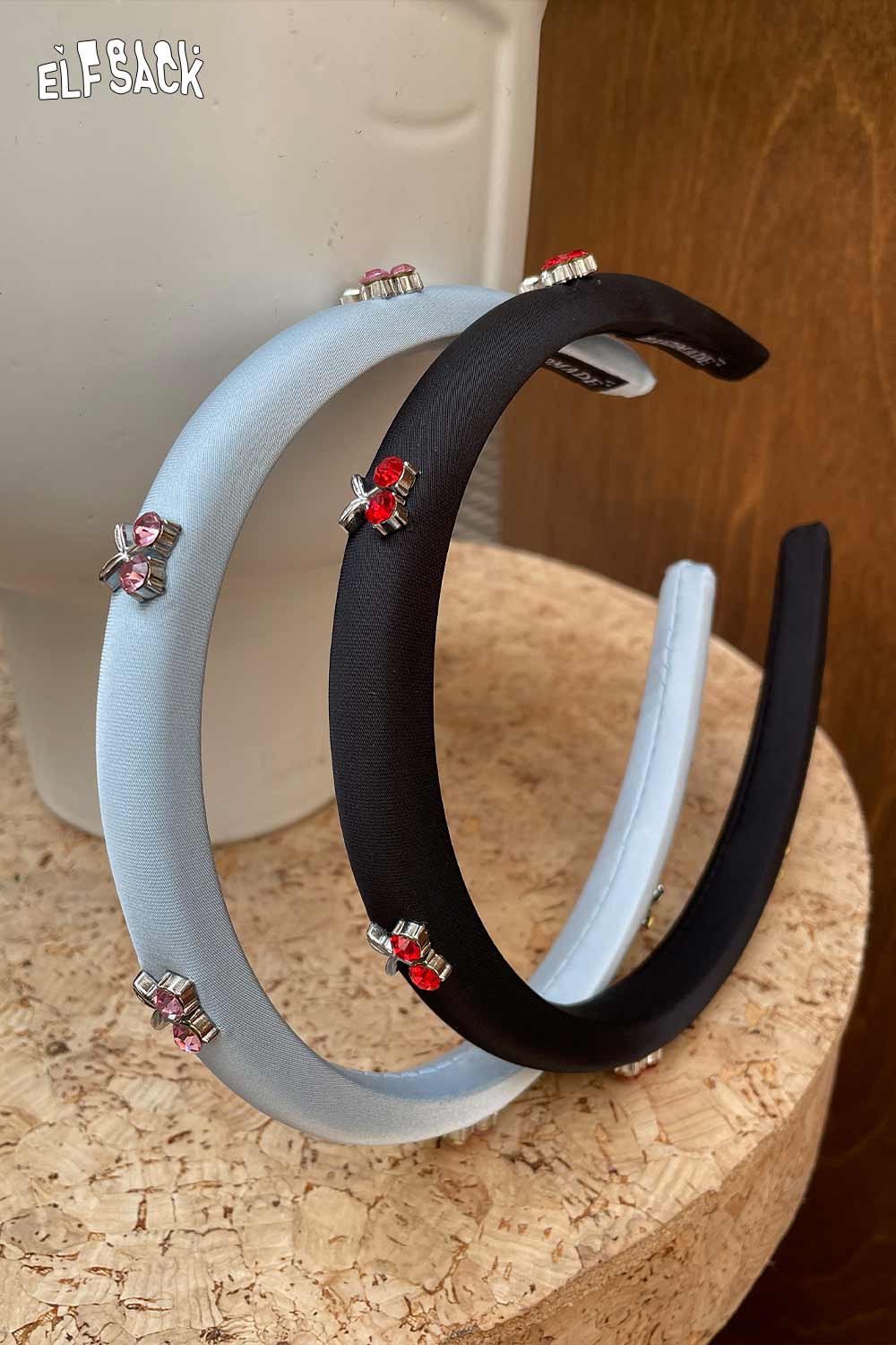 ELFSACK crystal embellished cherry hair band set with black and light blue padded headbands adorned with red crystal cherries