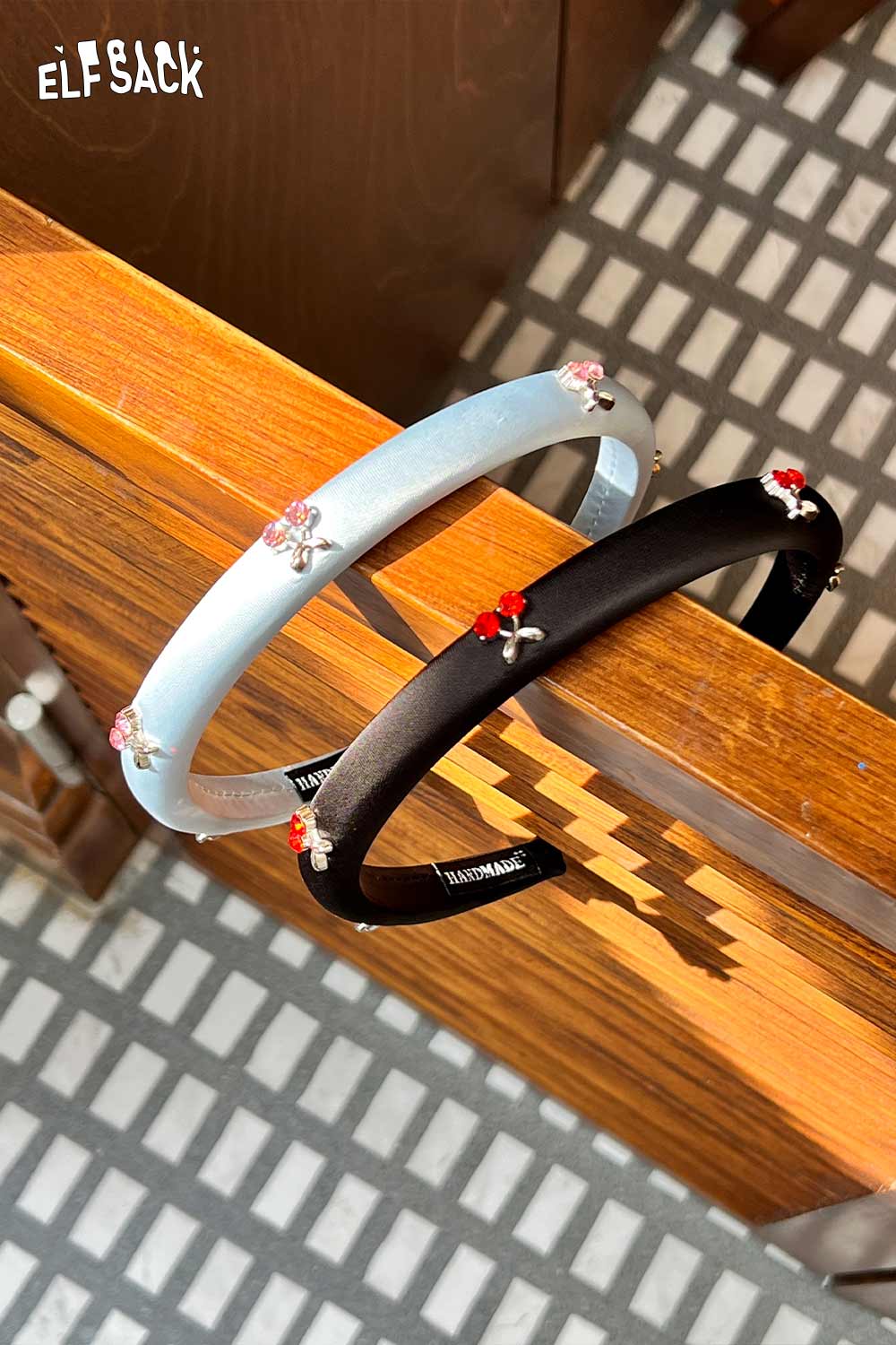 ELFSACK crystal embellished cherry hair band set showing light blue and black padded headbands with red crystal cherries