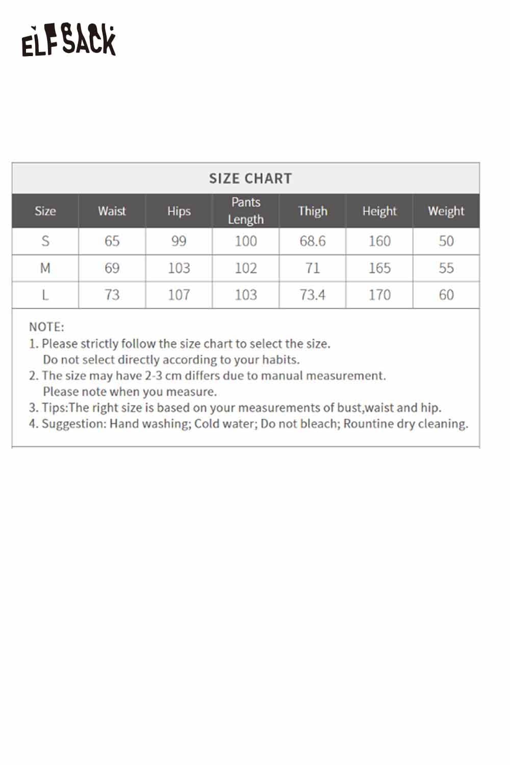 ELFSACK soft stripe embroidered wide leg pants size chart for accurate fitting