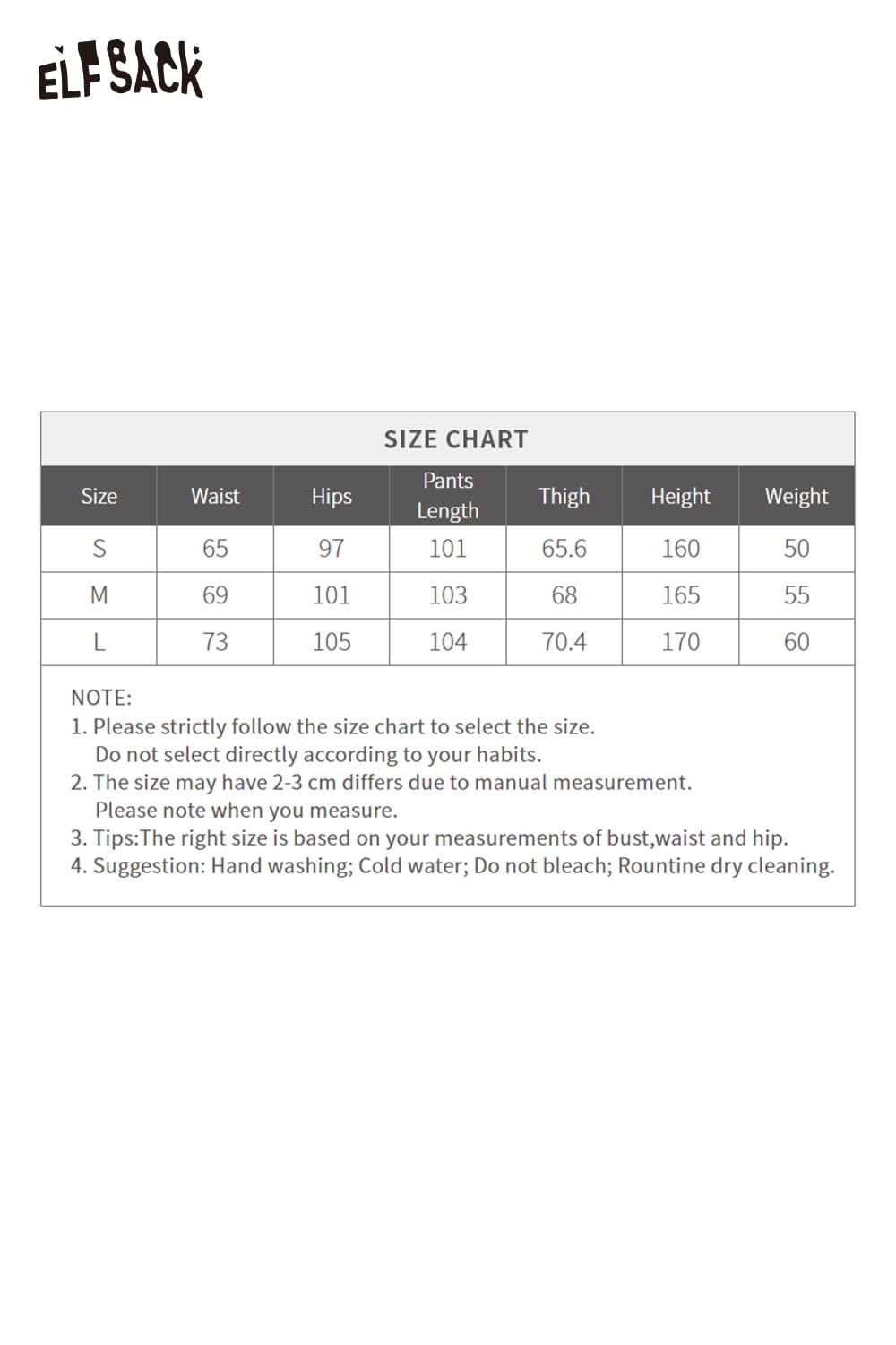 ELFSACK women's loose drawstring pants size chart with measurement details for optimal fitting