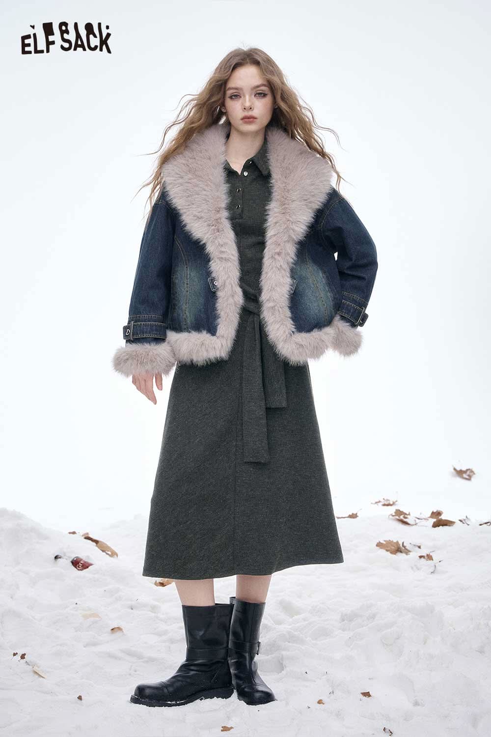 ELFSACK slim fit long lapel dress for women paired with a cozy fur-trimmed jacket in a snowy setting