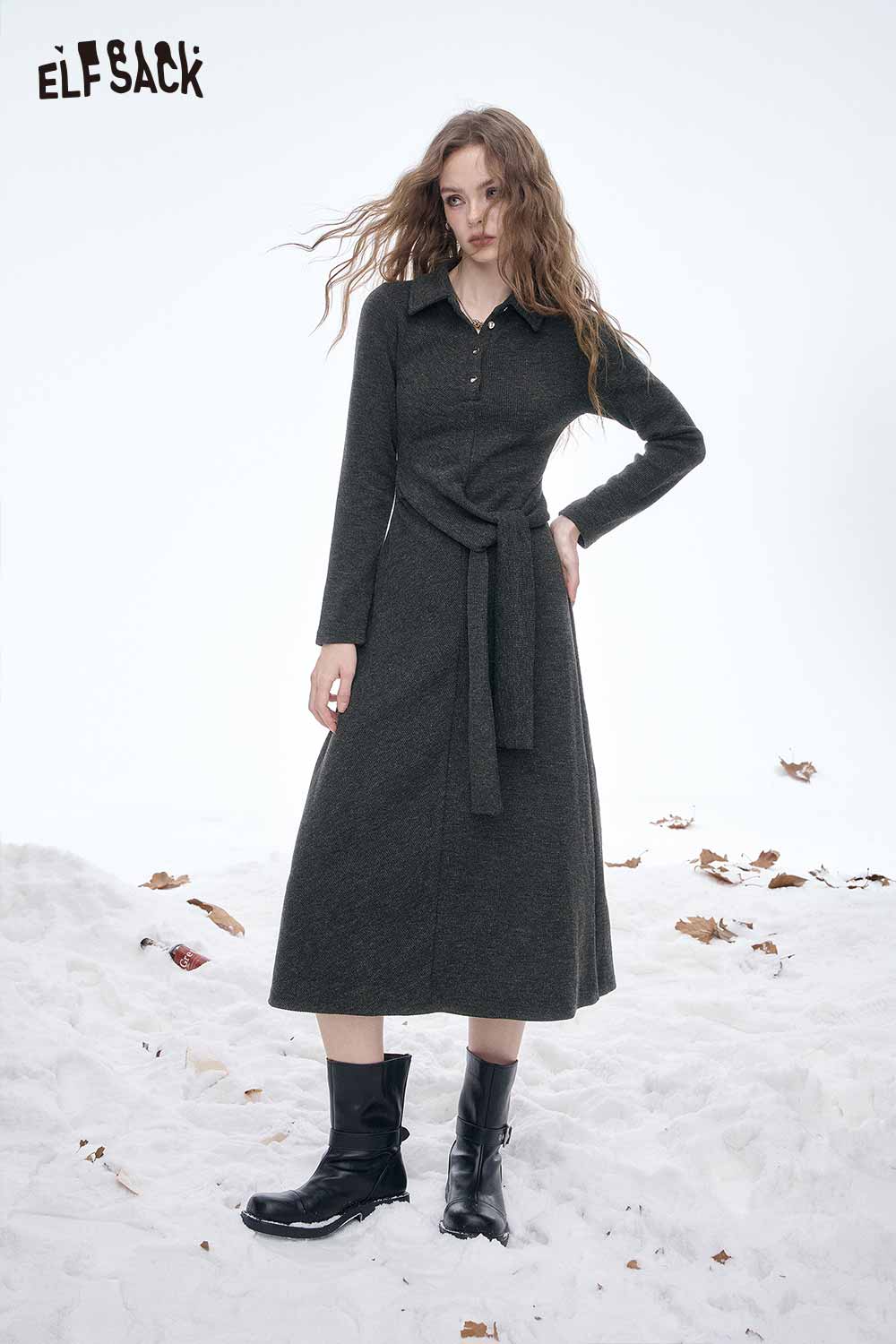 ELFSACK slim fit long lapel dress for women with a belted waist in gray for a stylish look