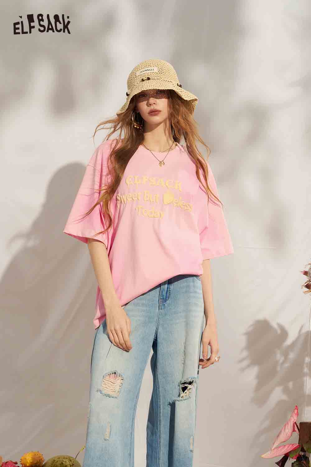 ELFSACK Slogan Print Gradient Oversized Tee