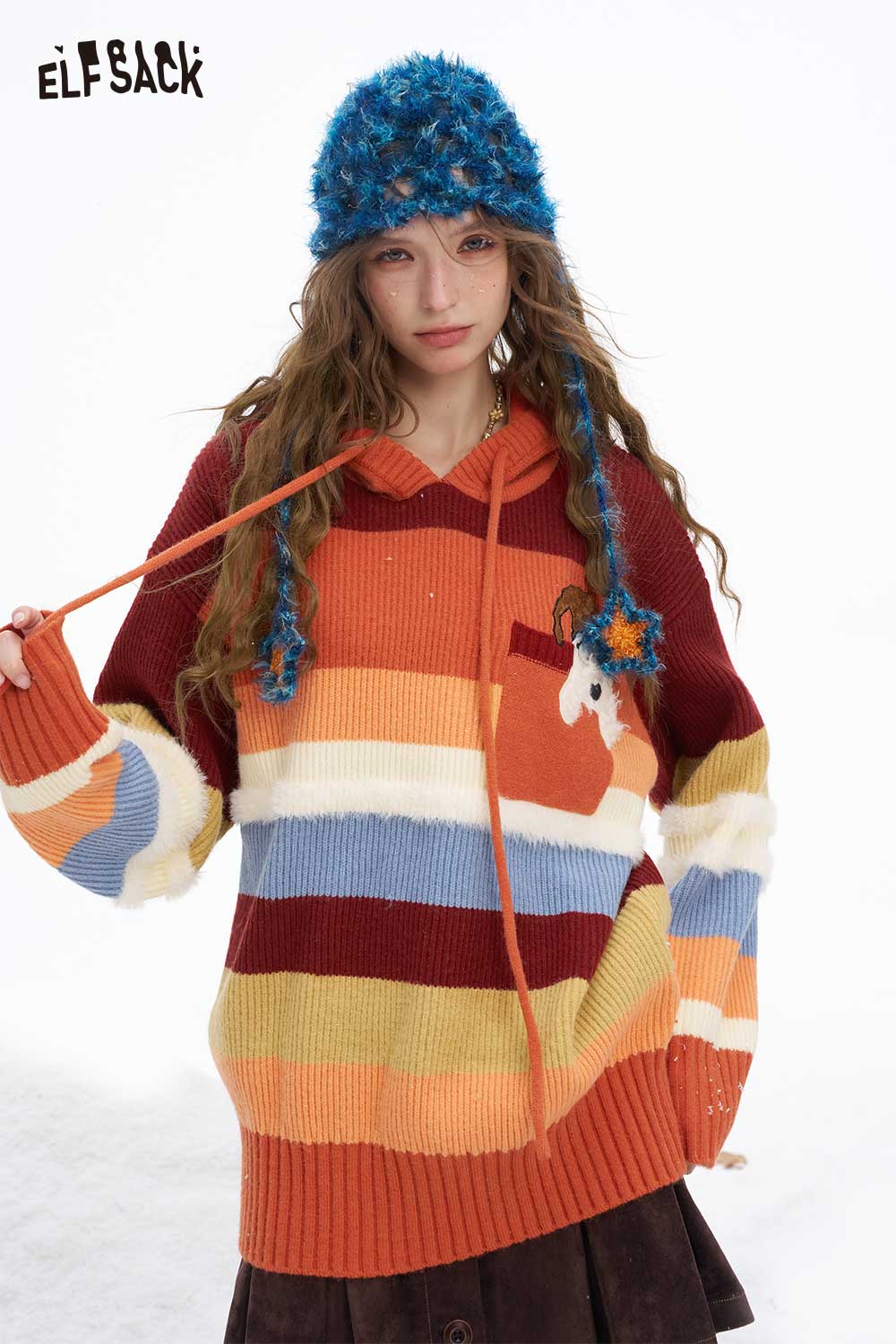 ELFSACK soft animal graphic hooded sweater in striped colors with playful design