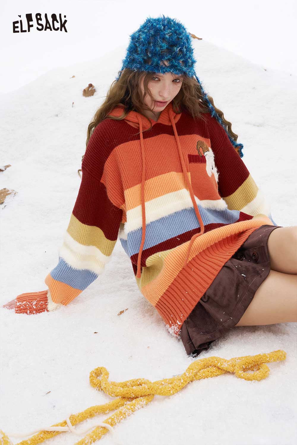 ELFSACK soft animal graphic hooded sweater with colorful stripes, perfect for winter fashion