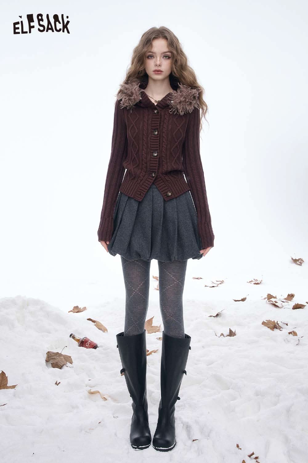 ELFSACK soft cropped plush button sweater in maroon with decorative floral shoulder accents