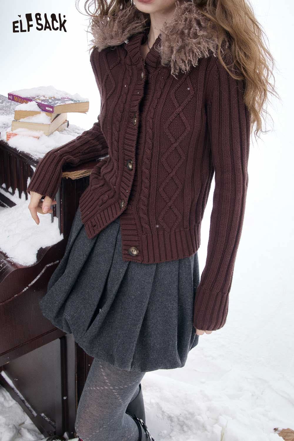 ELFSACK soft cropped plush button sweater in brown with textured knit and cozy faux fur collar
