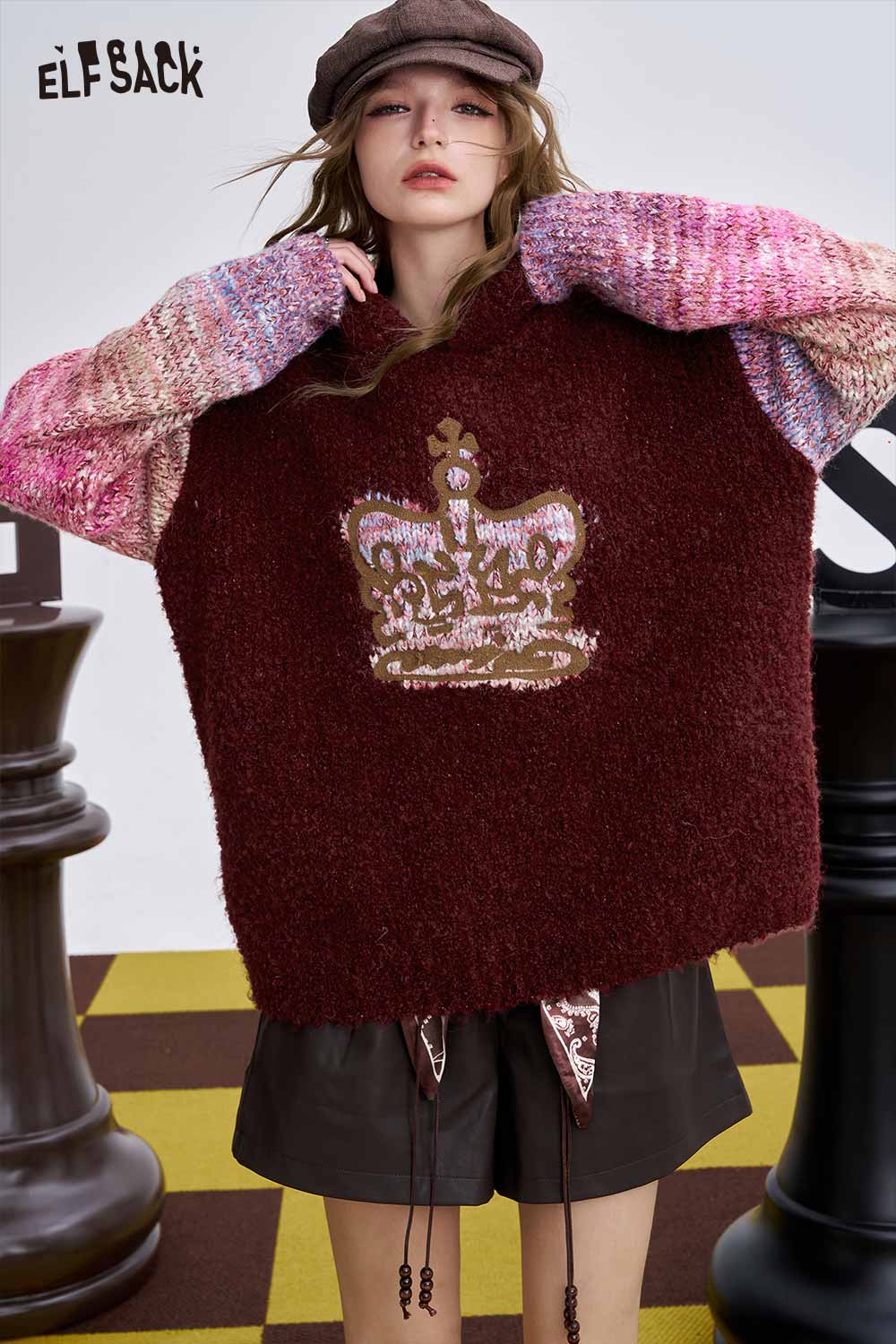 ELFSACK soft crown graphic sweater in burgundy with colorful textured sleeves for a cozy look
