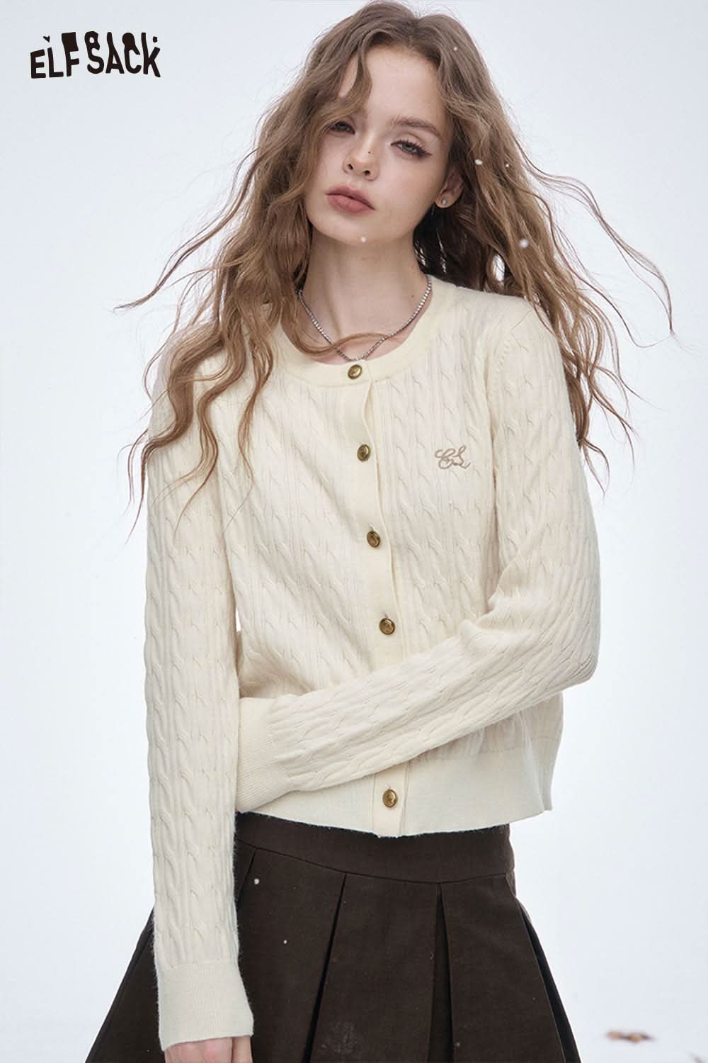 ELFSACK soft embroidered knit sweater in cream with cable knit design and button closure