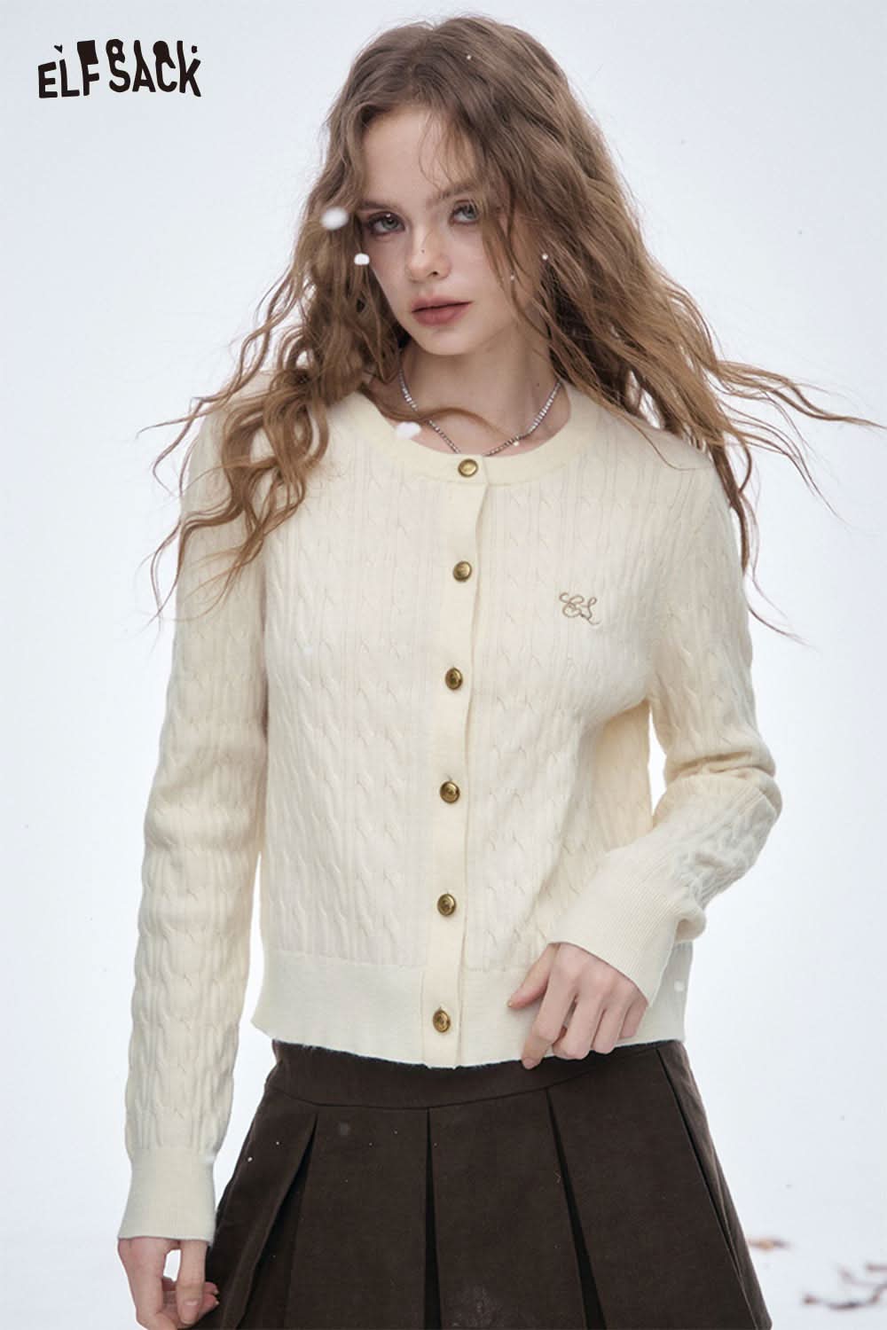 Cream ELFSACK soft embroidered knit sweater with cable knit design and button closure