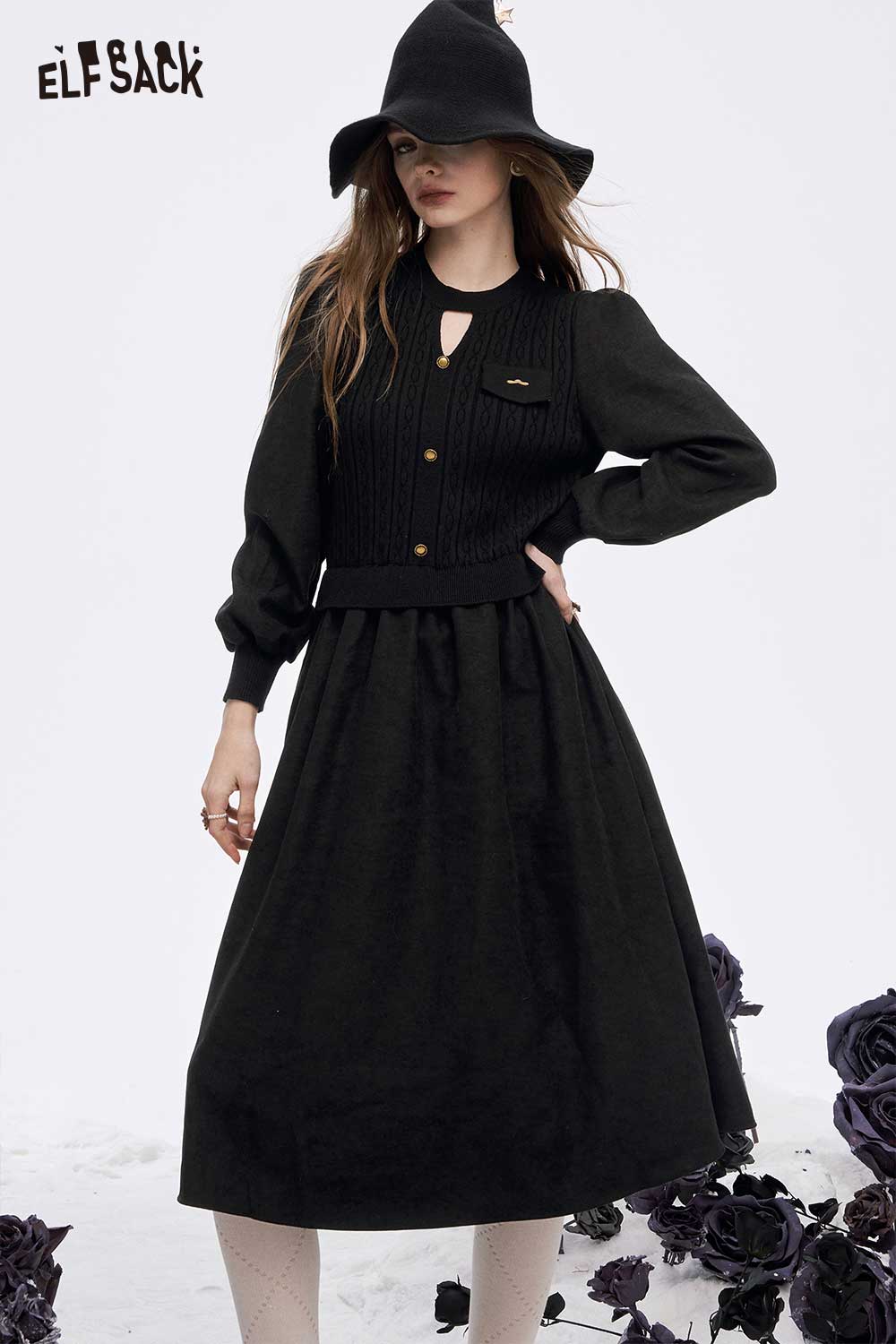 ELFSACK soft flared tea dress in black with long sleeves and stylish button detail