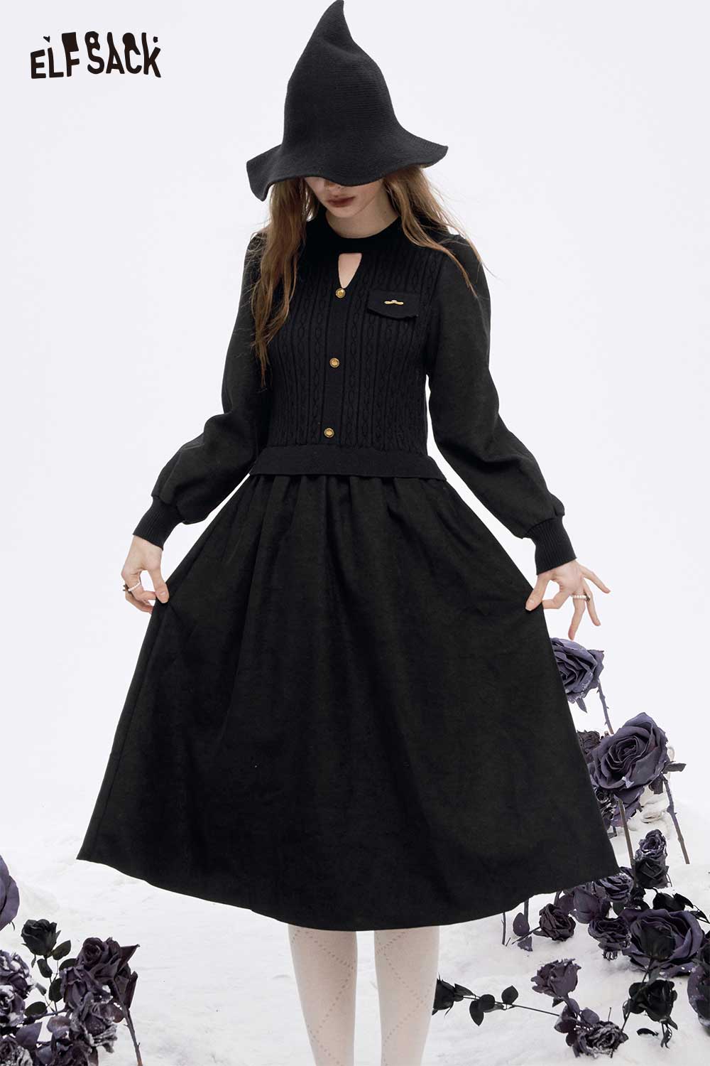 ELFSACK soft flared tea dress in black with long sleeves and stylish cardigan detail