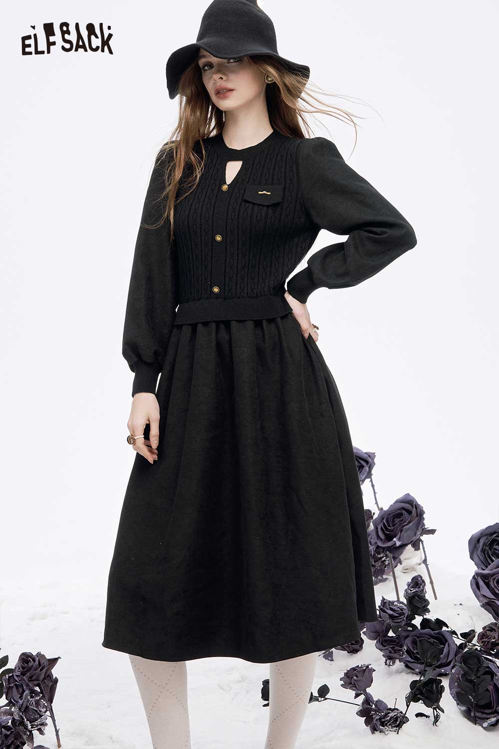 ELFSACK soft flared tea dress in black with long sleeves and a stylish keyhole neckline