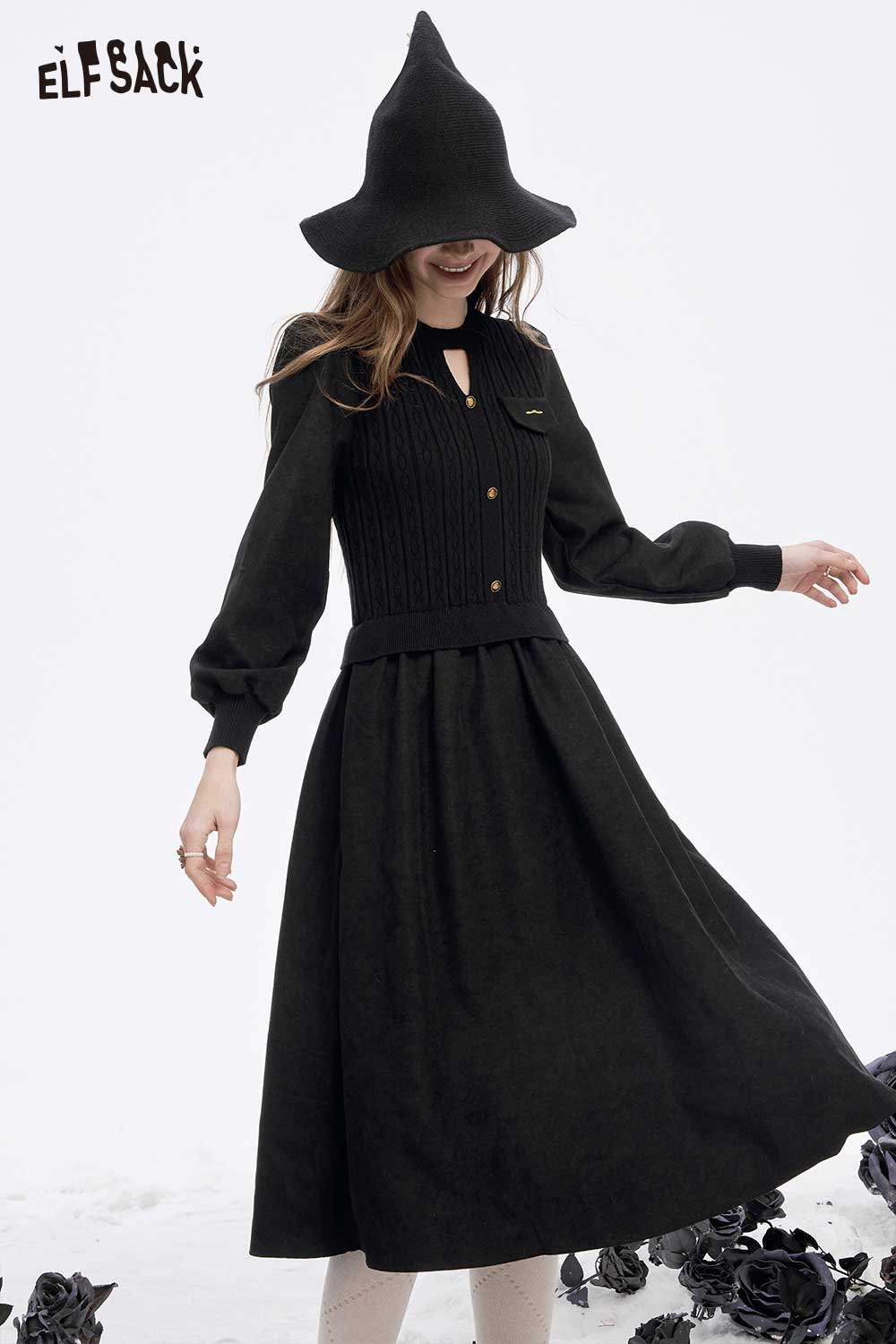 ELFSACK soft flared tea dress in black with long sleeves and a stylish keyhole detail